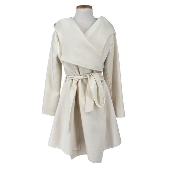 BCBG Max Azria Double Face Wool Blend Cream Wrap Coat Hooded Large Womens - Picture 2 of 12